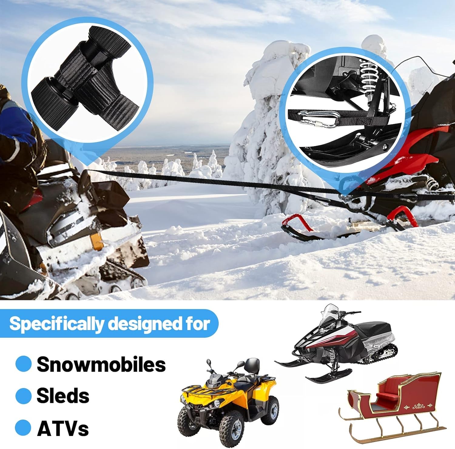 Extra Long 19Ft Snowmobile Tow Straps - 4400Lbs Break Strength Heavy-Duty ATV Towing Rope with Stainless Steel Hooks for Sled Snowboards Emergency Safety Tool Accessories Kit