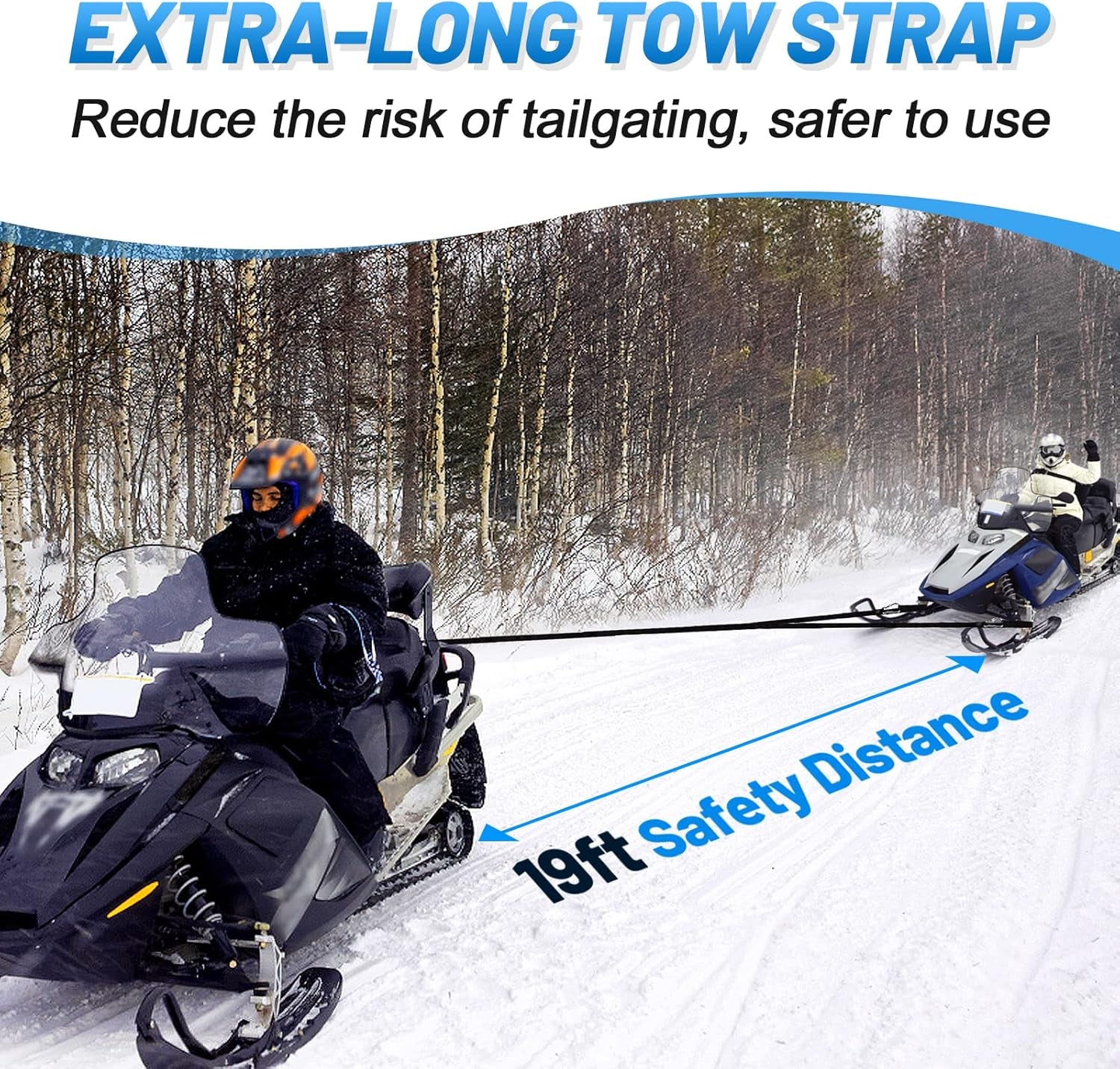 Extra Long 19Ft Snowmobile Tow Straps - 4400Lbs Break Strength Heavy-Duty ATV Towing Rope with Stainless Steel Hooks for Sled Snowboards Emergency Safety Tool Accessories Kit
