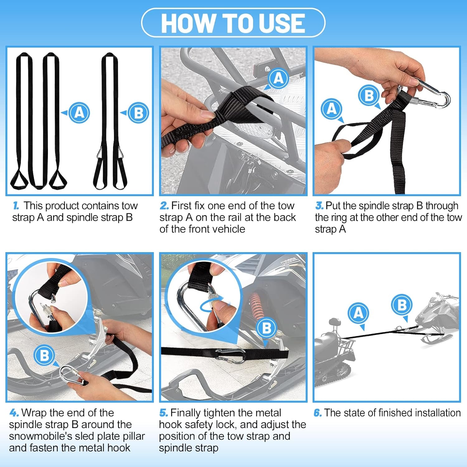 Extra Long 19Ft Snowmobile Tow Straps - 4400Lbs Break Strength Heavy-Duty ATV Towing Rope with Stainless Steel Hooks for Sled Snowboards Emergency Safety Tool Accessories Kit
