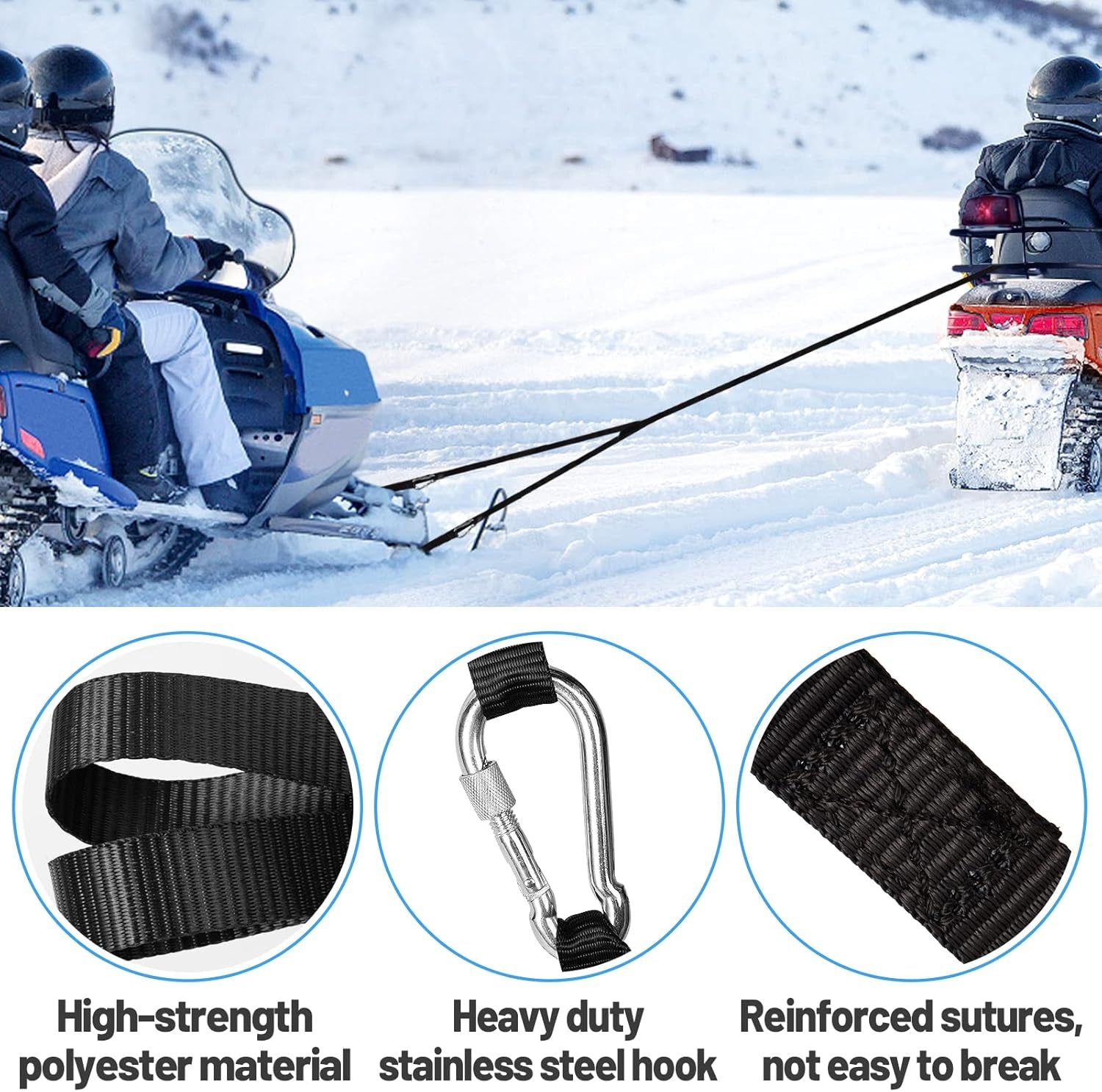 Extra Long 19Ft Snowmobile Tow Straps - 4400Lbs Break Strength Heavy-Duty ATV Towing Rope with Stainless Steel Hooks for Sled Snowboards Emergency Safety Tool Accessories Kit